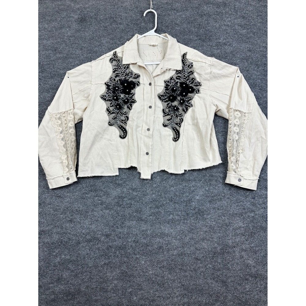 POL Embellished Lace Sleeve‎ Button Down Raw Hem Crop Jacket Medium